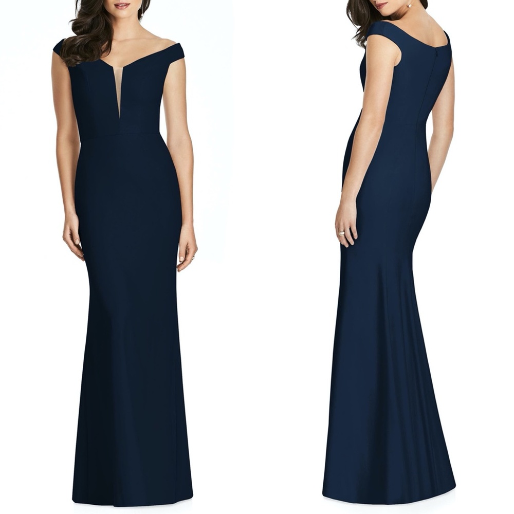 Dessy Midnight Off the Shoulder Crepe Trumpet Gown